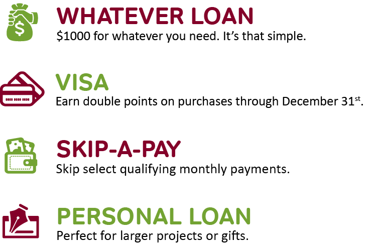 Whatever loan, MFCU Visa, skip-a-pay, and personal loans!